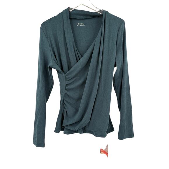 OGL Top Size M NEW Forest Night Blue Surplice Long Sleeve Top V Neck Stretch - Picture 5 of 12